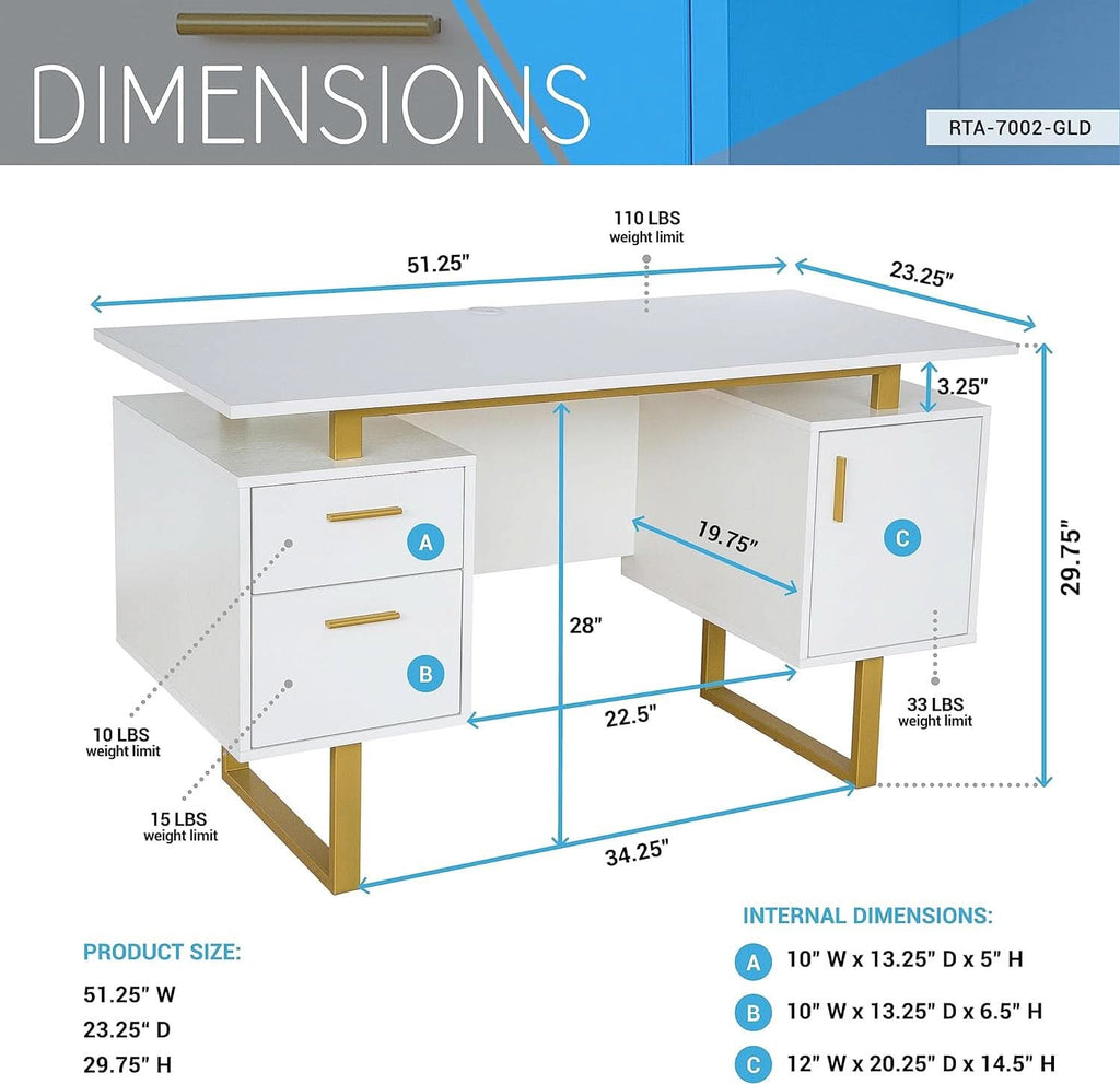 51 Inch White And Gold Desk With Storage Cabinet Drawers