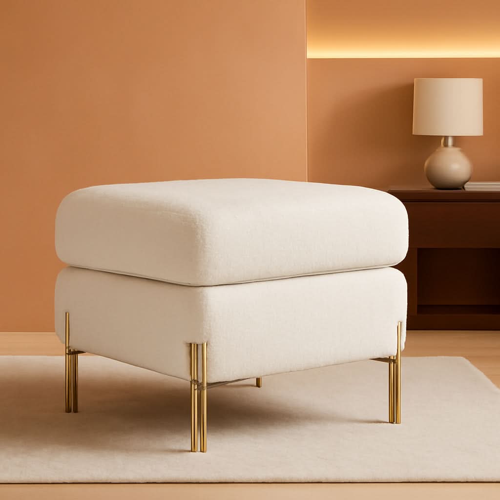 Oversized Off white Bouclé Fabric Ottoman With Metal Legs