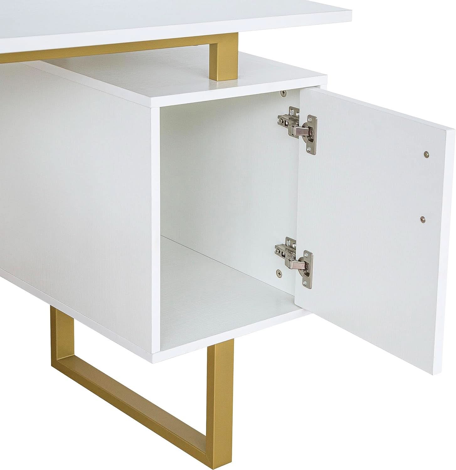 51 Inch White And Gold Desk With Storage Cabinet Drawers