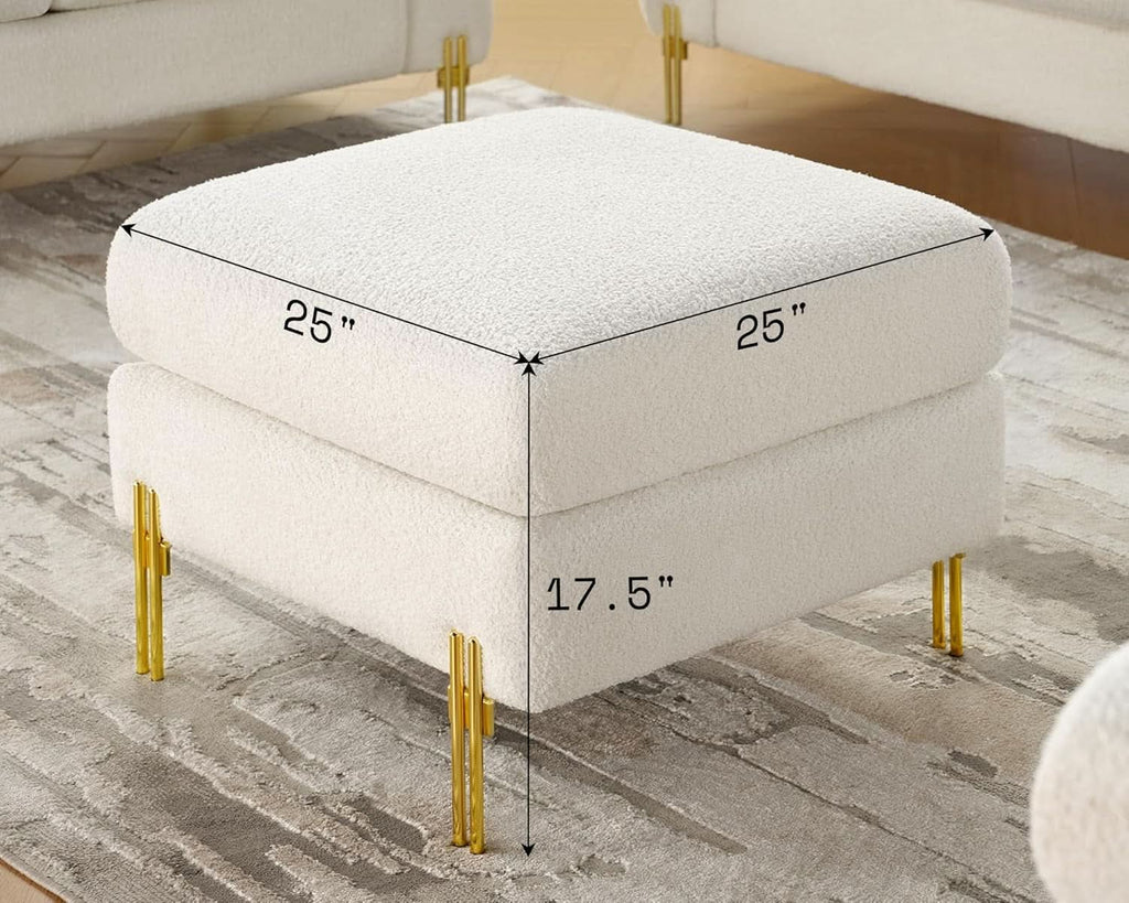 Oversized Off white Bouclé Fabric Ottoman With Metal Legs