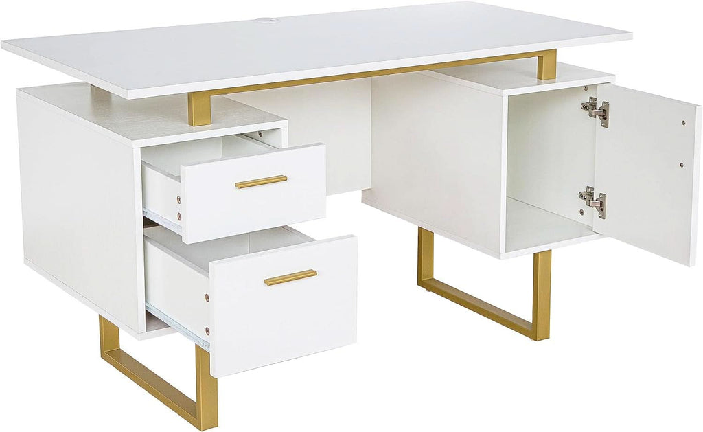 51 Inch White And Gold Desk With Storage Cabinet Drawers