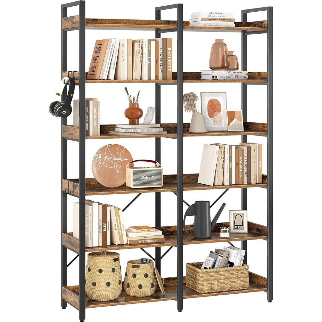 67 Inch 6 Tier Bookshelf Industrial Wooden Rustic Brown With 4 Hooks