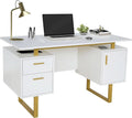 51 Inch White And Gold Desk With Storage Cabinet Drawers