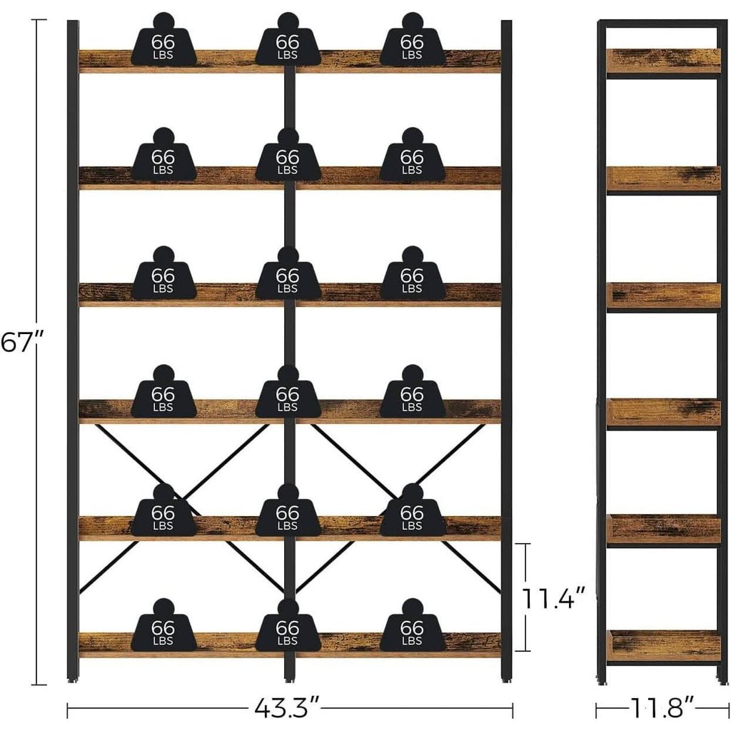 67 Inch 6 Tier Bookshelf Industrial Wooden Rustic Brown With 4 Hooks