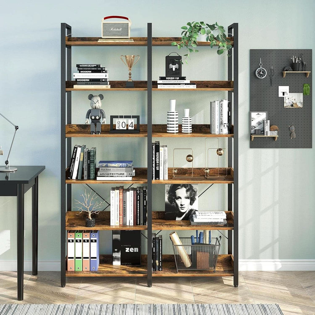 67 Inch 6 Tier Bookshelf Industrial Wooden Rustic Brown With 4 Hooks