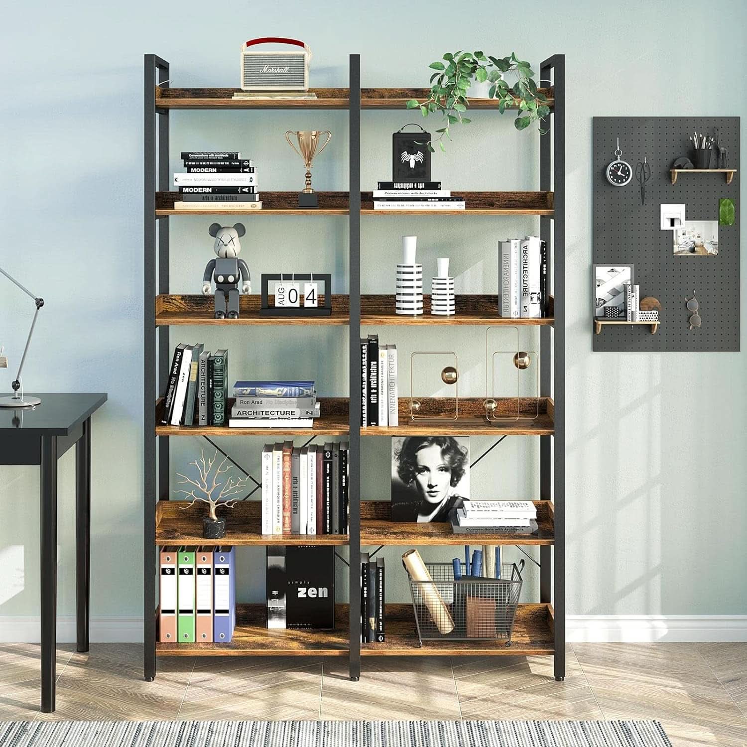 67 Inch 6 Tier Bookshelf Industrial Wooden Rustic Brown With 4 Hooks