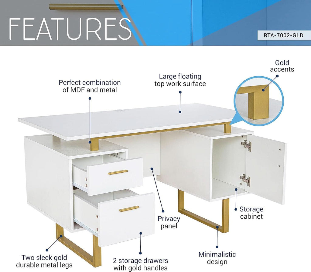 51 Inch White And Gold Desk With Storage Cabinet Drawers