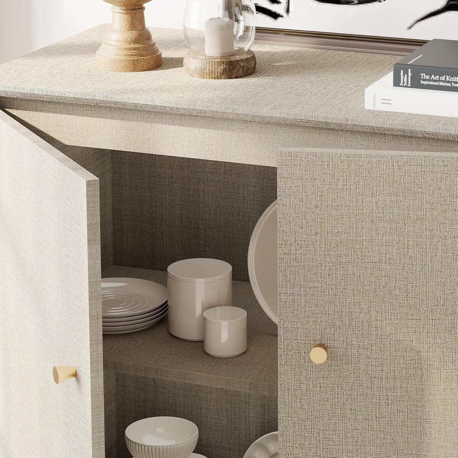 Beige Buffet Sideboard With Internal Storage Compartments