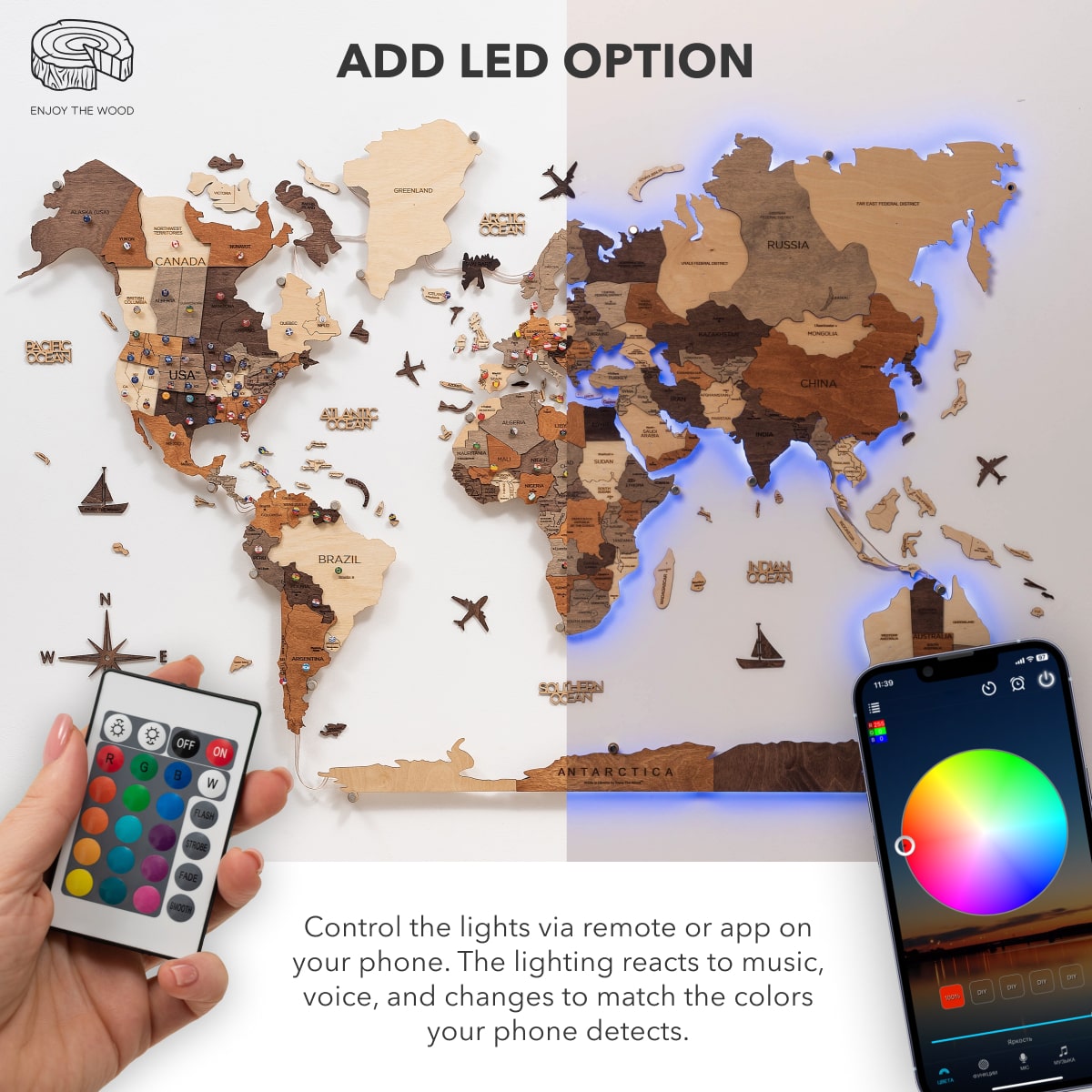 3D LED / LUMINOUS Wooden World Map 3.0 Space