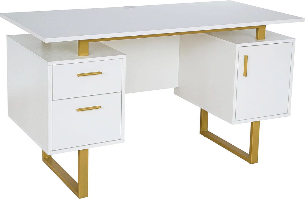 51 Inch White And Gold Desk With Storage Cabinet Drawers