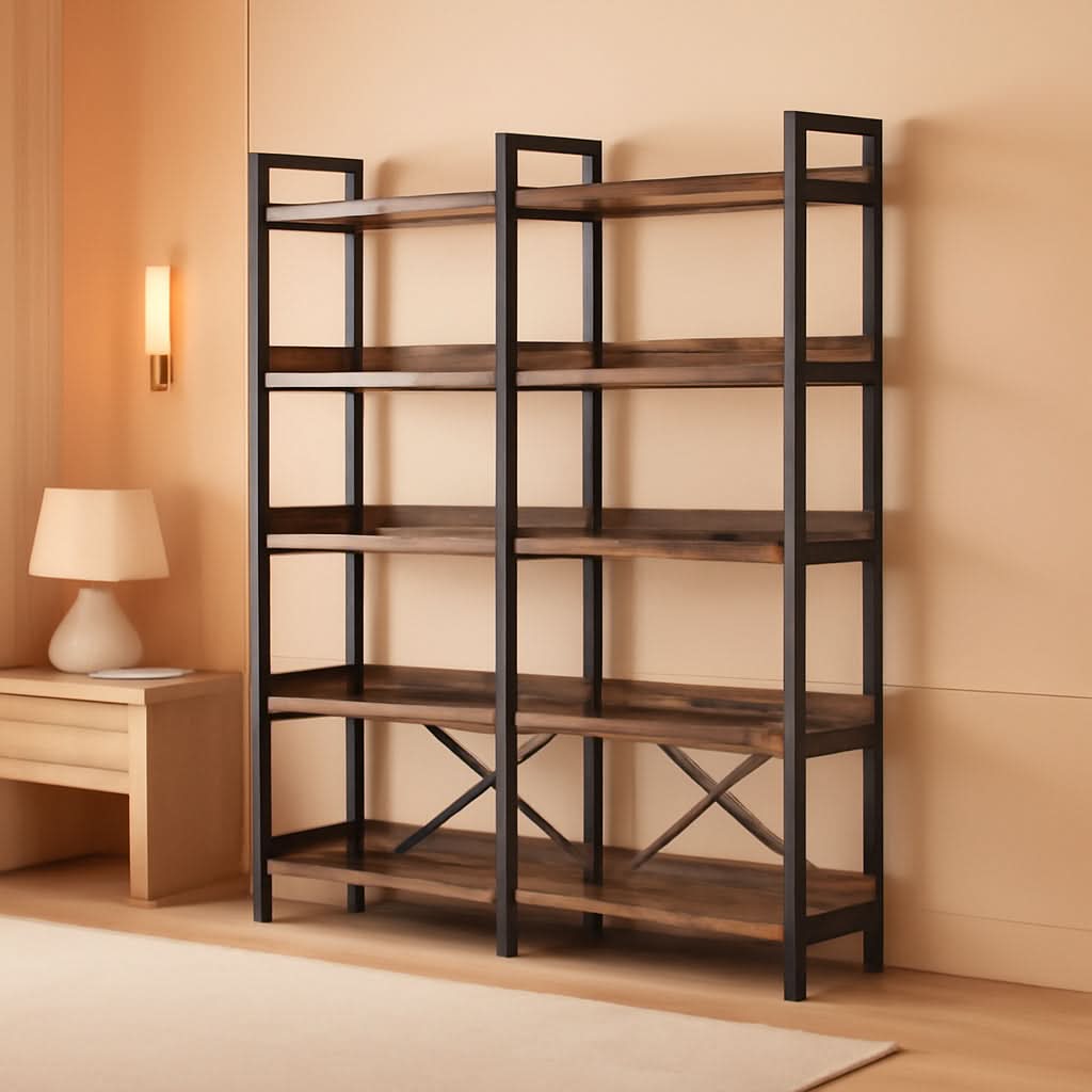 67 Inch 6 Tier Bookshelf Industrial Wooden Rustic Brown With 4 Hooks