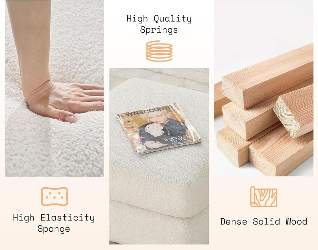 Oversized Off white Bouclé Fabric Ottoman With Metal Legs