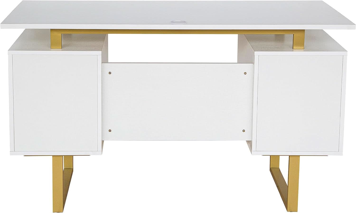 51 Inch White And Gold Desk With Storage Cabinet Drawers