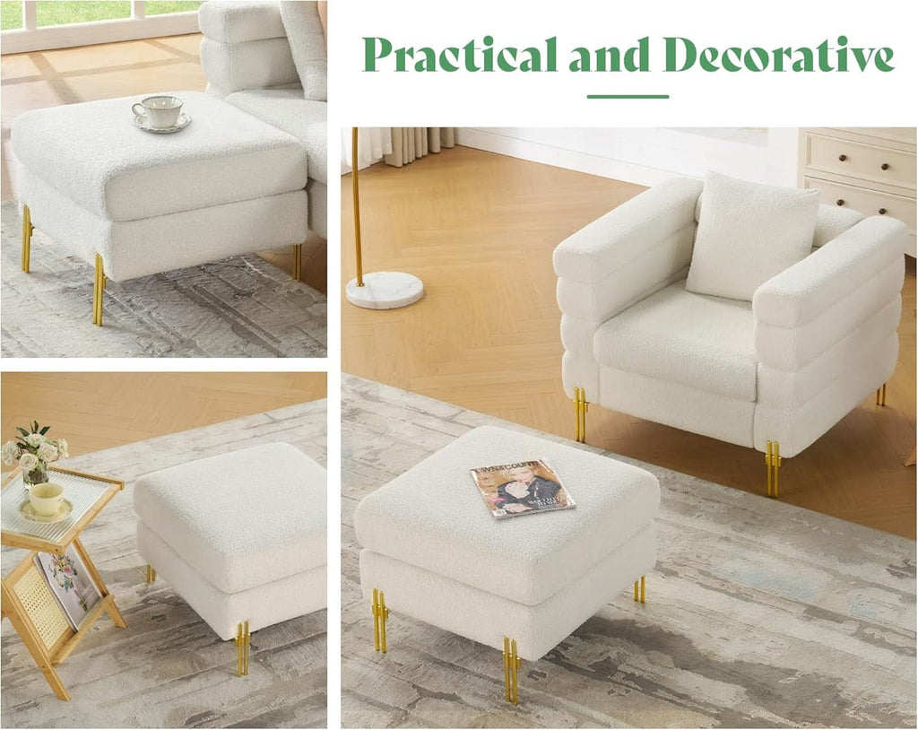 Oversized Off white Bouclé Fabric Ottoman With Metal Legs