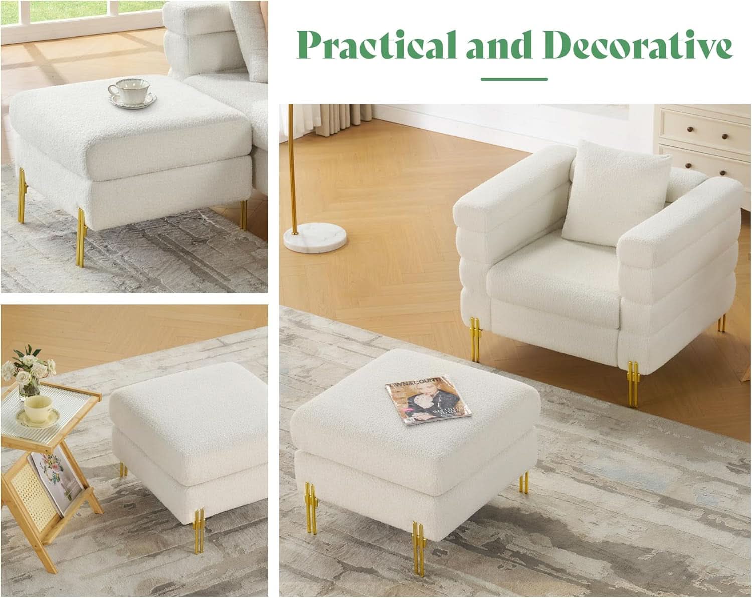 Oversized Off white Bouclé Fabric Ottoman With Metal Legs