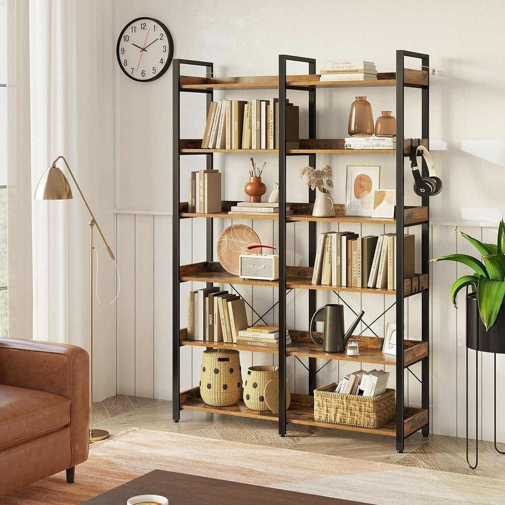 67 Inch 6 Tier Bookshelf Industrial Wooden Rustic Brown With 4 Hooks