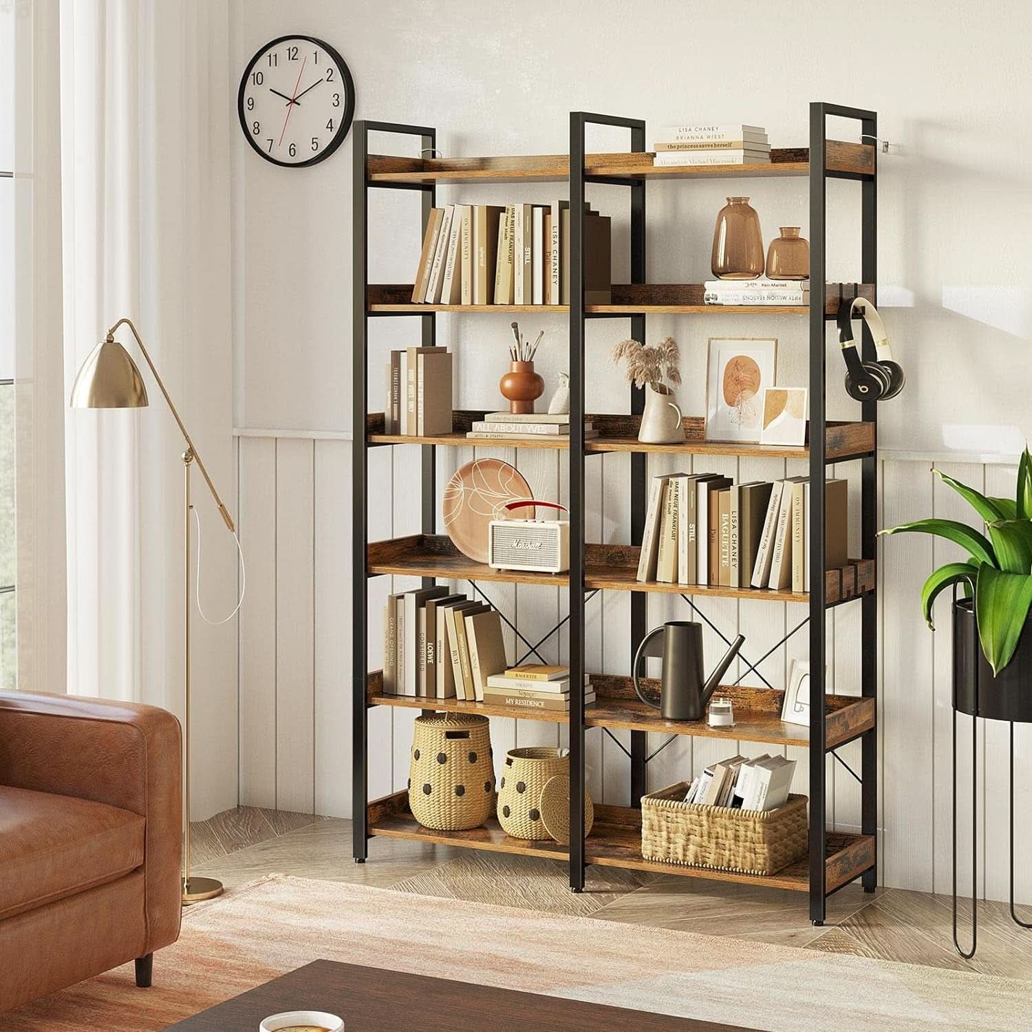 67 Inch 6 Tier Bookshelf Industrial Wooden Rustic Brown With 4 Hooks