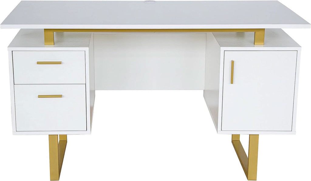 51 Inch White And Gold Desk With Storage Cabinet Drawers