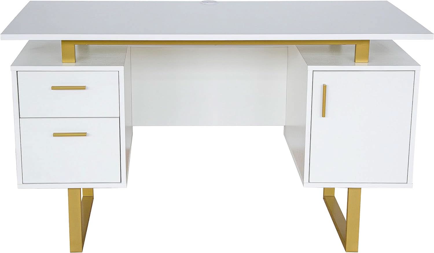 51 Inch White And Gold Desk With Storage Cabinet Drawers