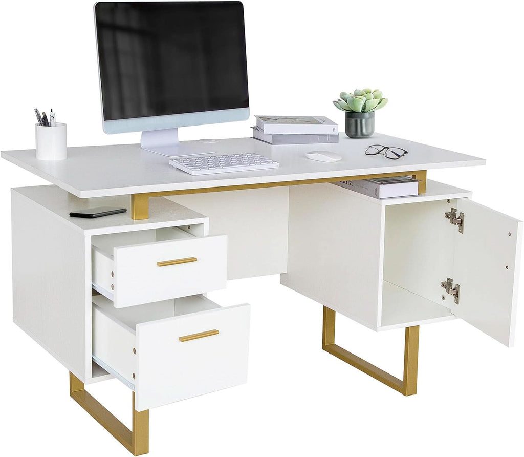 51 Inch White And Gold Desk With Storage Cabinet Drawers