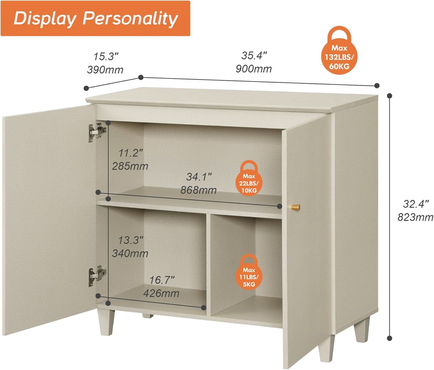 Beige Buffet Sideboard With Internal Storage Compartments