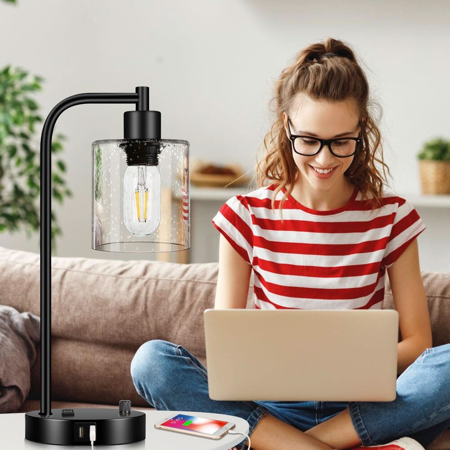 Industrial Table Lamps with USB Ports & Dimmer – Set of 2