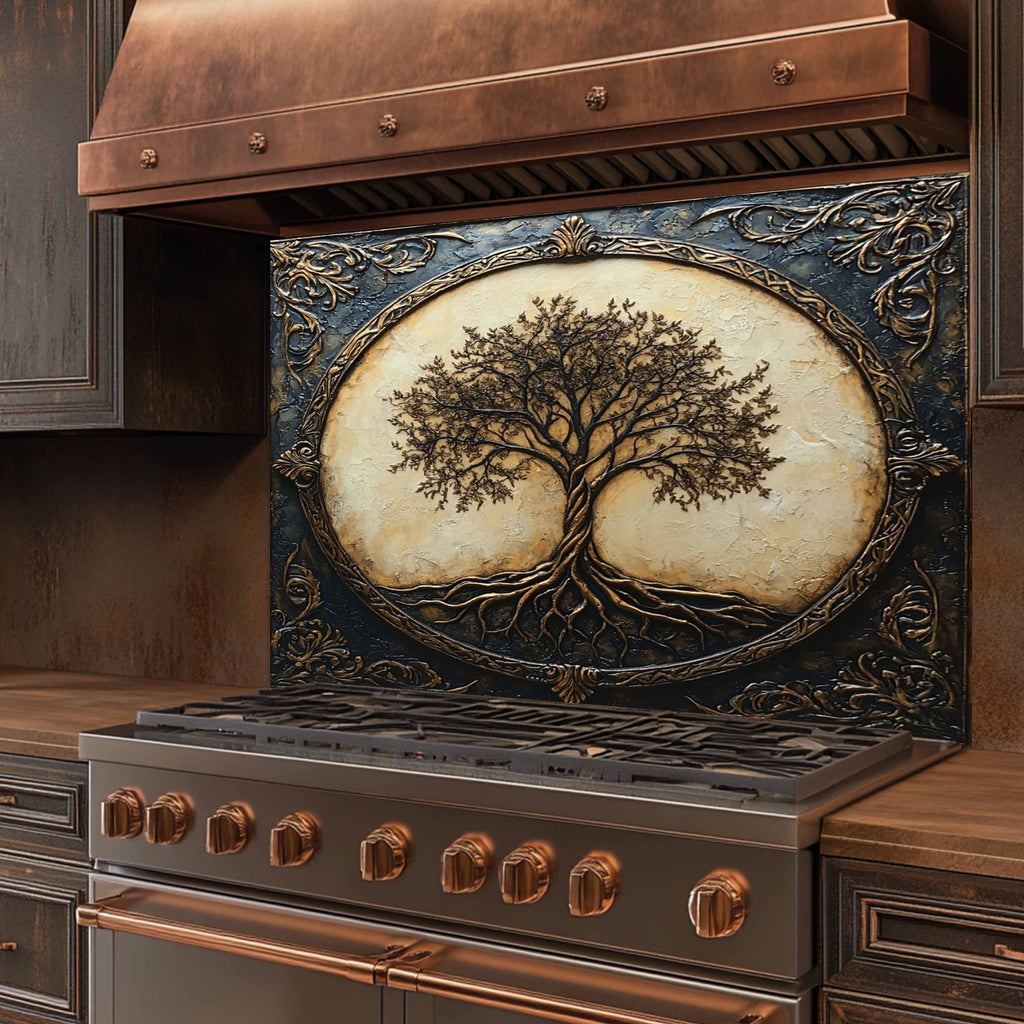Royal Roots Tempered Glass Backsplash – Vintage Tree of Life Kitchen Stove Backsplash